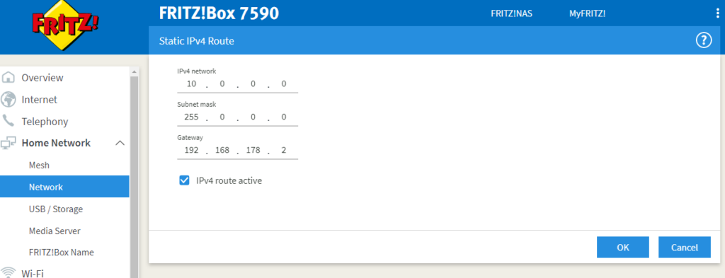 Fritz!Box: Configure static route to core router