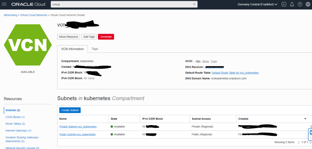 Review Virtual Cloud Networks VCN Oracle details