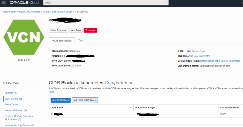 Asssign IPv& CIDR Block Oracle Cloud