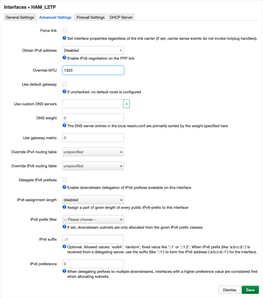 L2TP Interface Advanced Settings